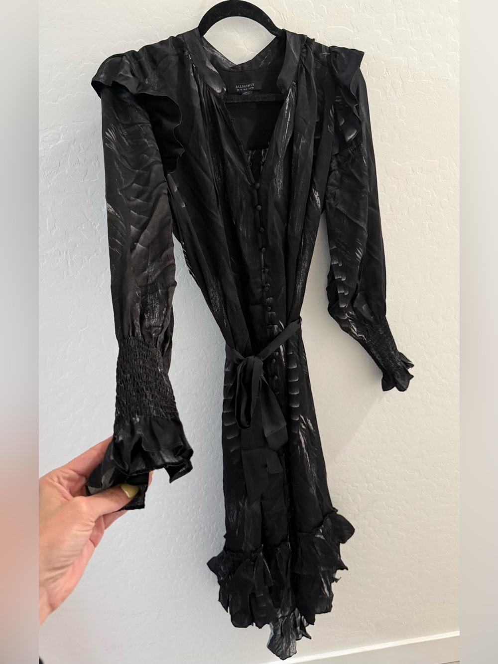 All Saints Lara Silk Viola Ruffle Feathered Print MIDI Dress $398 - Picture 8 of 11